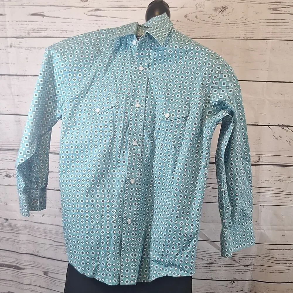 Panhandle Rough Stock Boys Pearl Snap Western Shirt Turquoise Sz.M (10)#1179